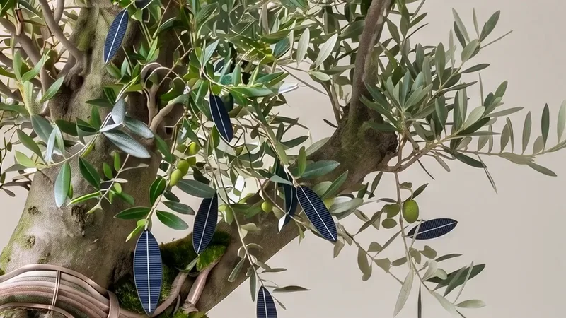 Illustration: old olive tree on a stone plinth, rose-gold cables run up the trunk along with the moss