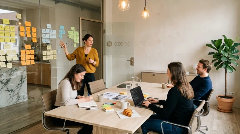 Illustration: Workshop im Besprechungsraum, eine Frau erklärt an einer Glaswand voller Haftnotizen, am Tisch schreibt eine Kollegin mit, zwei weitere hören zu und arbeiten am Laptop