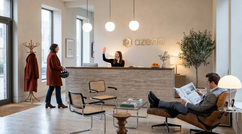 Illustration: Empfang mit azena-Logo an der Wand, eine Mitarbeiterin am Tresen telefoniert und winkt einer Besucherin im roten Mantel zu, vorn liest ein Mann im Lounge-Sessel Zeitung