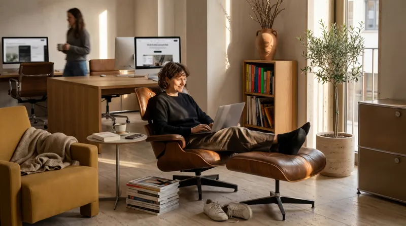 Illustration: Lounge im Büro, eine Frau sitzt im Ledersessel mit Fußhocker und arbeitet am Laptop, dahinter Schreibtische mit Bildschirmen, ein Bücherregal und ein Olivenbäumchen