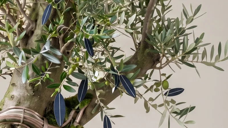 Illustration: Olivenbaum mit Moos am Stamm, zwischen den Blättern hängen dunkle Blätter aus Solarzellen, unten laufen Kabel in Roségold um den Stamm