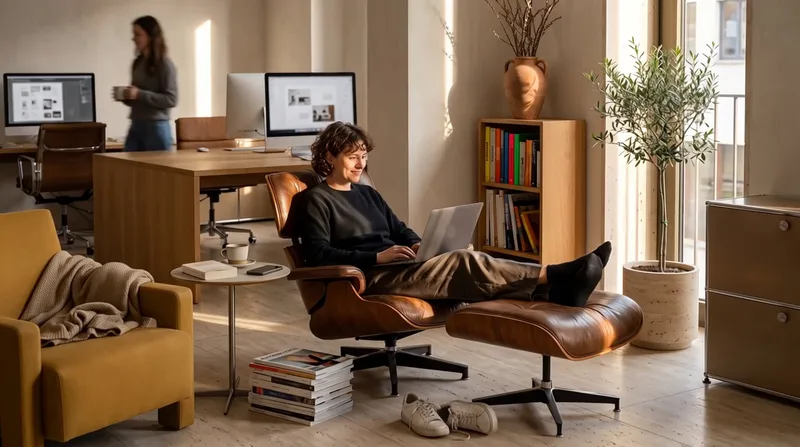 Illustration: a woman sits in a leather lounge chair with an ottoman and works on her laptop, behind her a bright office with desks, a bookshelf and a small olive tree