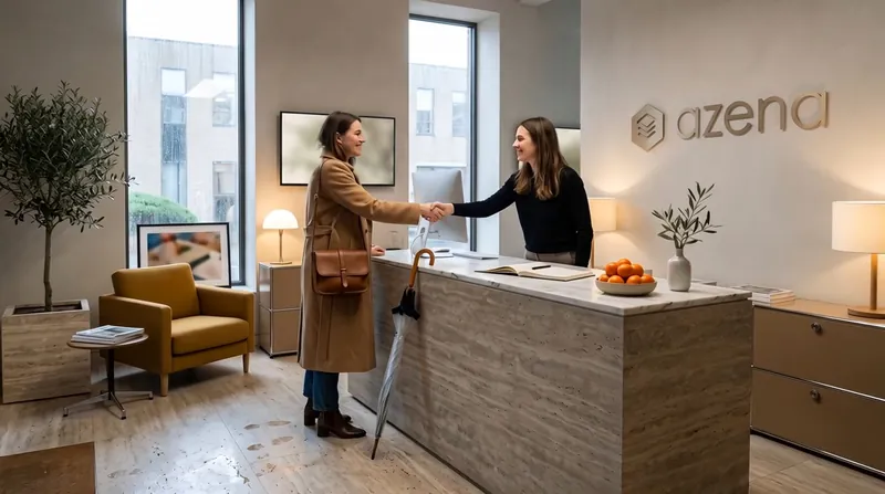 Illustration: reception with a gold azena logo on the wall, a visitor in a coat and a staff member shake hands across a travertine counter