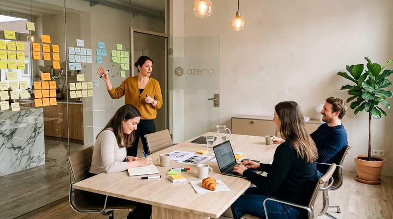 Illustration: workshop in a bright meeting room, a woman explains a process at a glass wall covered in sticky notes while three people at the table take notes and listen