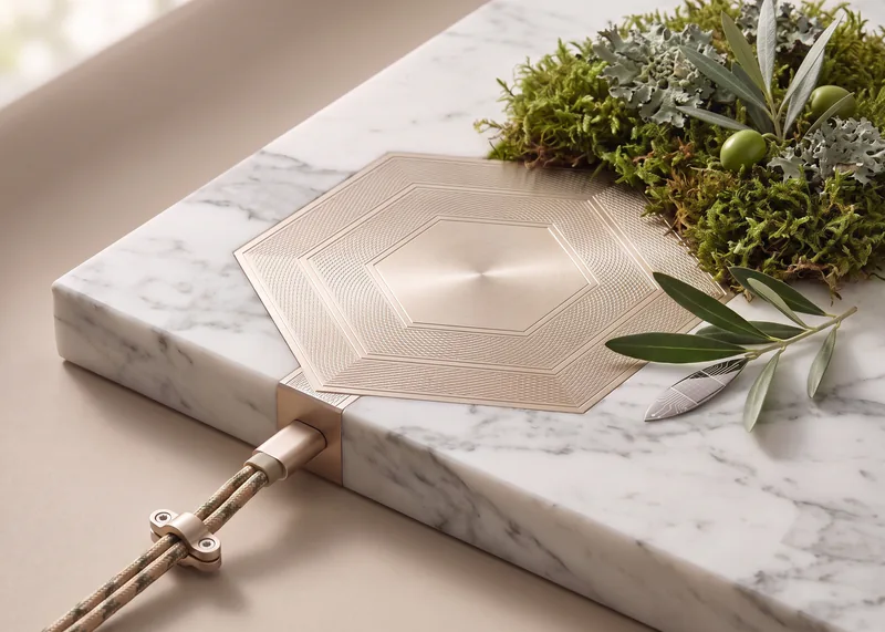 Hexagonal champagne-metal plate set flush into white Calacatta marble and engraved with three nested guilloché hexagons; a braided cable is plugged into its edge, moss, gray-green lichen and a young olive branch with green olives grow at one corner, and beside it lies an olive branch with a silicon leaf
