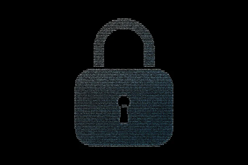 Ein Vorhängeschloss auf Schwarz, gesetzt aus Zeilen einer SHA-256-Hash-Kette in Hellblau und Weiß