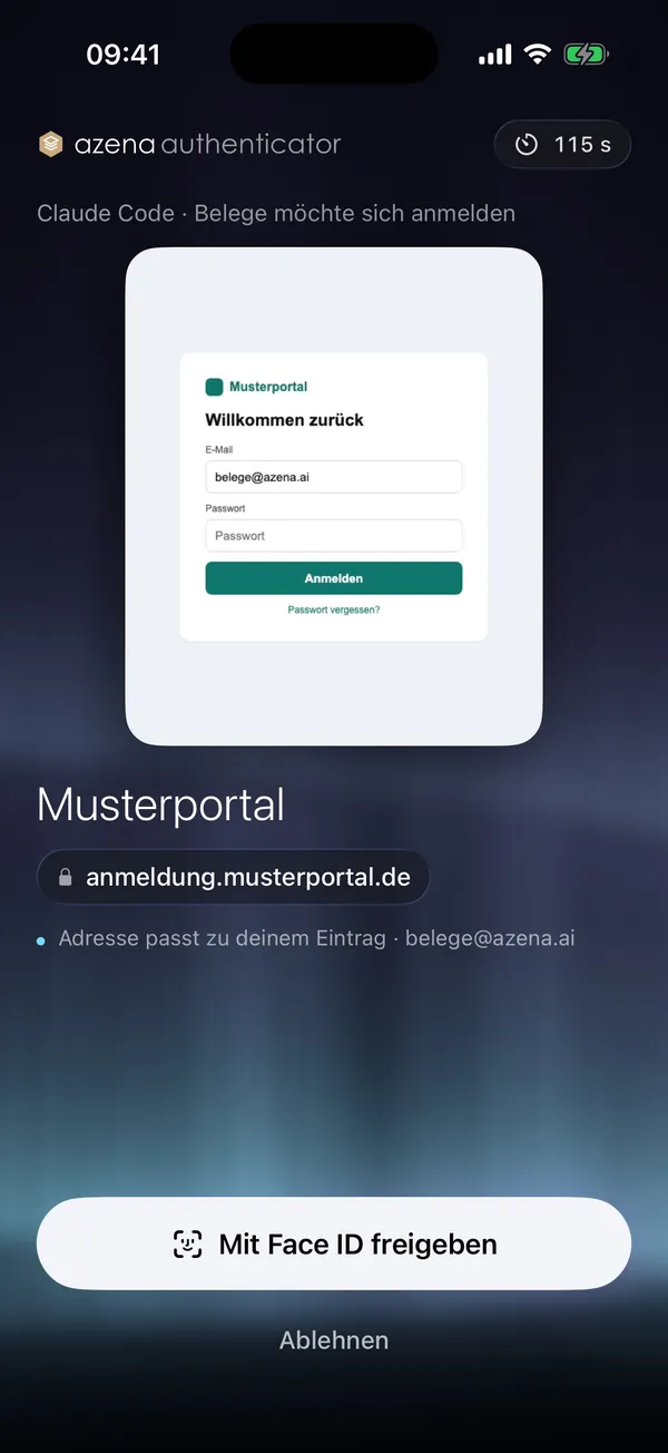 Anfrage auf dem iPhone: Claude Code möchte sich bei einem Musterportal anmelden. Zu sehen sind ein Bild der echten Anmeldeseite, die geprüfte Adresse und der Knopf Mit Face ID freigeben