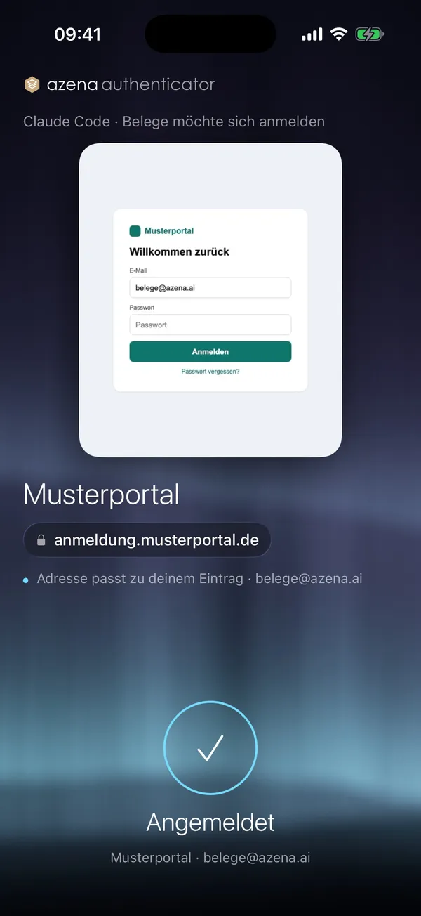 Nach der Freigabe zeigt die App einen Haken und das Wort Angemeldet