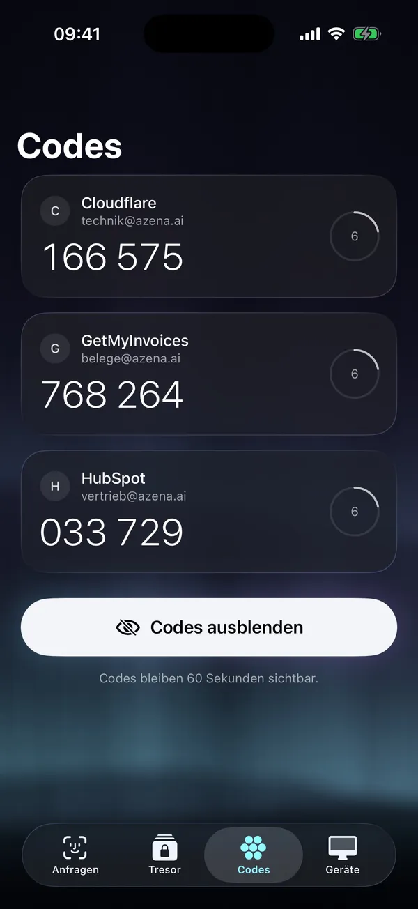 Ansicht Codes: sechsstellige Einmalcodes für drei Dienste mit Restzeit
