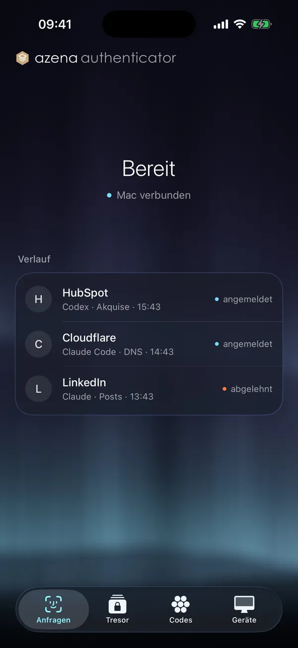 Startseite der App: Bereit, Mac verbunden, darunter der Verlauf mit angemeldeten und abgelehnten Anfragen