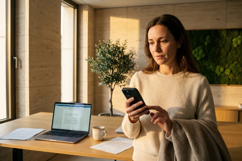 Early morning in a bright office with travertine walls, an olive tree and a moss wall: a woman has just arrived, coat still over her arm, and is checking a request on her phone, her finger just about to confirm. On the desk are an open laptop and a cup of coffee
