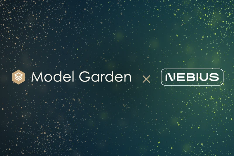 Dark blue background with points of light, the azena mark with “Model Garden”, a cross and the Nebius logo