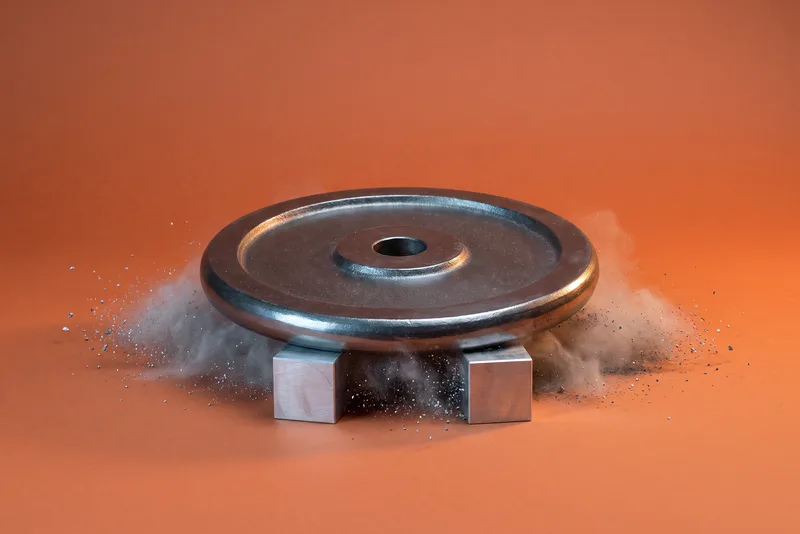 Eine riesige gusseiserne Hantelscheibe ist gerade auf zwei kleinen Aluminiumwürfeln gelandet, vor terrakottafarbenem Studiohintergrund stieben Staub und Metallspäne zur Seite