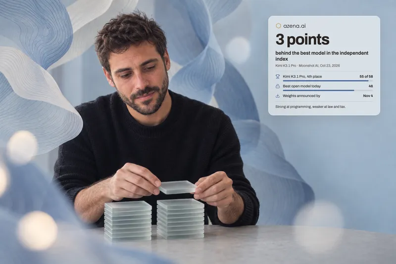 A man in black knitwear places a glass tile on one of two almost equally tall stacks in front of a pale blue wall. Next to him a card: 3 points behind the best model in the independent index, Kimi K3.1 Pro in 4th place with 55 of 58, best open model today 46, weights announced by Nov 4