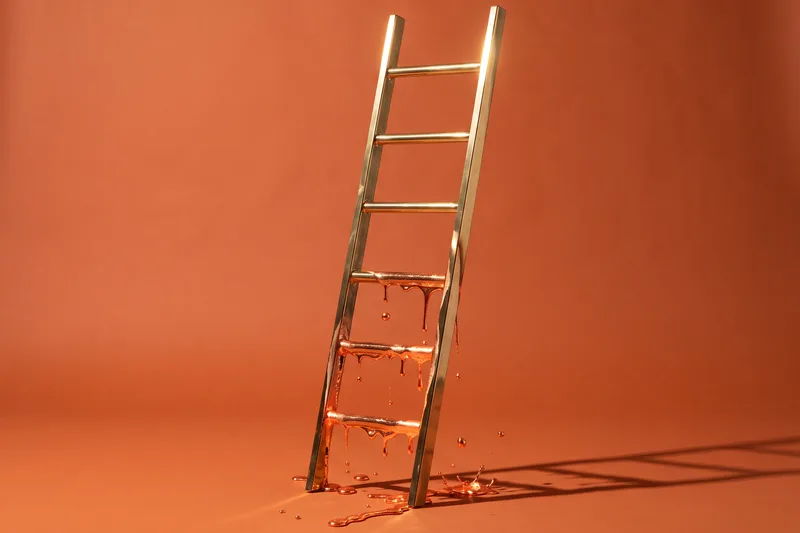 A ladder of polished brass leans against a terracotta backdrop, its upper rungs gleaming while the lower ones melt and drip to the floor as molten bronze