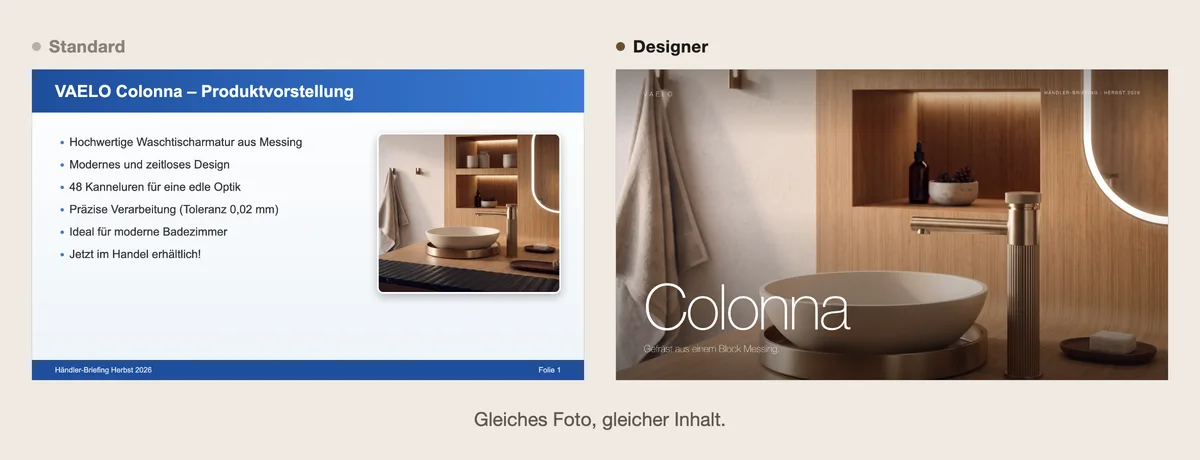 Links eine Standardfolie mit blauem Titelbalken, sechs Stichpunkten und kleinem Foto einer Waschtischarmatur. Rechts dieselbe Armatur als Vollbild mit großem Schriftzug Colonna.