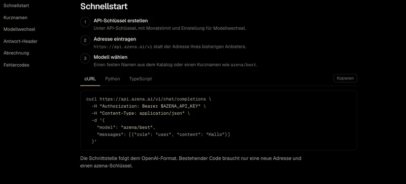 Documentation quick start with a curl call to api.azena.ai