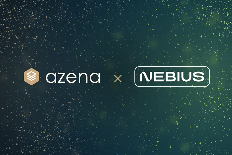 Black background with the azena mark, a cross and the Nebius logo