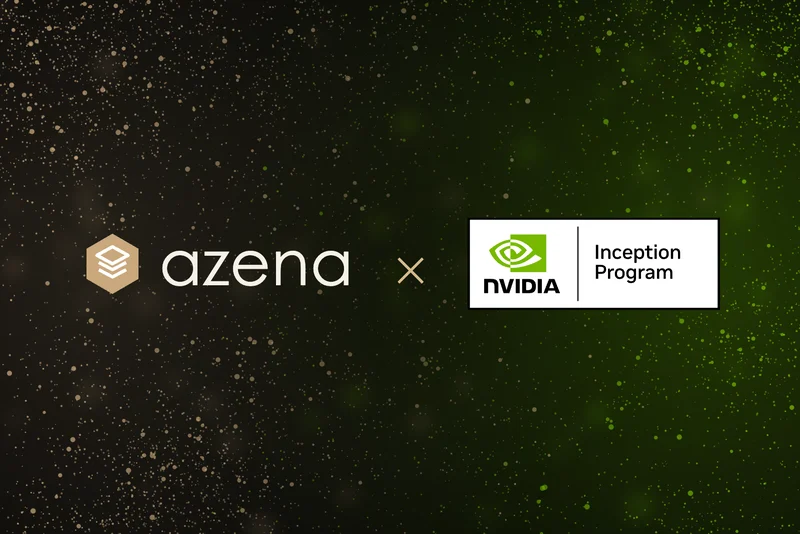 Schwarzer Grund, darauf das azena-Zeichen, ein Kreuz und das Abzeichen des NVIDIA Inception Programms