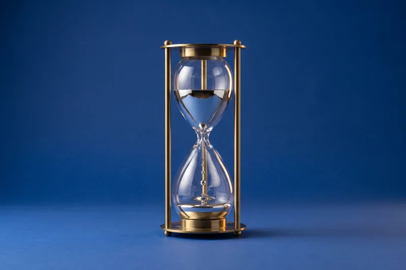 Eine Sanduhr aus Glas und Messing vor kobaltblauem Studiohintergrund: Die obere Hälfte ist noch halb voll mit flüssigem Silber, ein dünner Silberfaden tropft in die untere