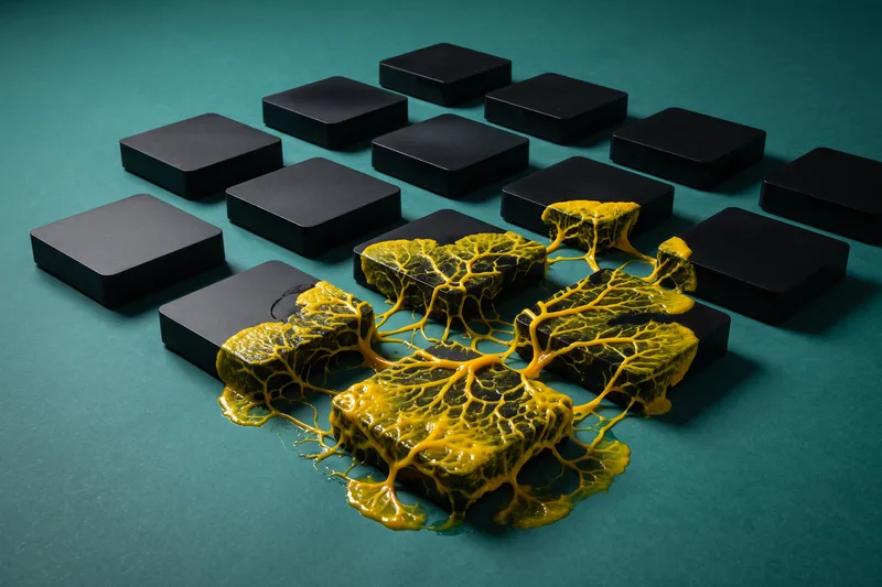 Rows of flat black boxes against a petrol-blue studio backdrop: a bright yellow slime mold network grows from box to box over the front ones, the ones at the back are still untouched