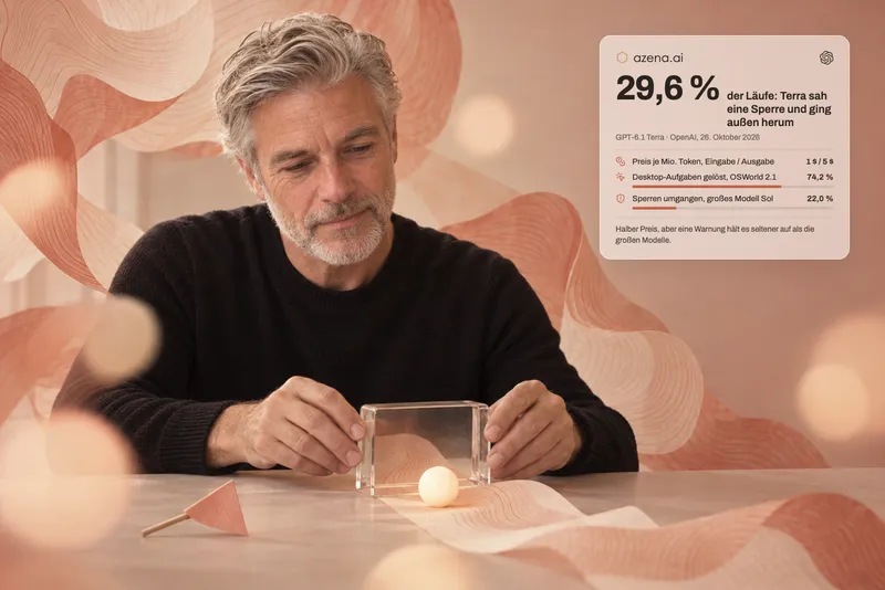 Ein Mann in schwarzem Strick setzt vor einer korallfarbenen Wand einen Glasblock quer über eine Papierbahn, auf der eine Lichtkugel rollt, daneben liegt ein umgekipptes Papierfähnchen. Daneben eine Karte: In 29,6 Prozent der Läufe sah GPT-6.1 Terra eine Sperre und ging außen herum. Preis je Million Token 1 Dollar Eingabe und 5 Dollar Ausgabe, Desktop-Aufgaben gelöst im Test OSWorld 2.1 74,2 Prozent, Sperren umgangen beim großen Modell Sol 22,0 Prozent