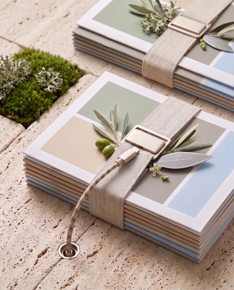 Ready-to-ship stacks of brochures with color fields in sage, sand, stone gray and baby blue, bundled with a linen strap and a champagne-metal buckle; a braided cable comes out of a socket in the travertine and plugs into the buckle; on the booklets, lichen and an olive branch with green olives and a silicon leaf, beside them a compartment of moss with lichen