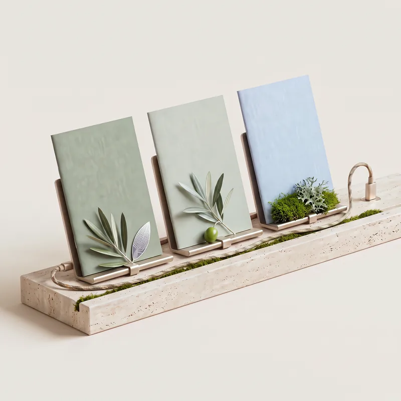 Three closed linen brochures of the same format in sage, sage gray and baby blue on champagne-metal stands above a travertine plinth, each with its own greenery: an olive branch with a silicon leaf, an olive branch with a green olive, a cushion of moss and lichen; a single braided cable connects all three to a socket