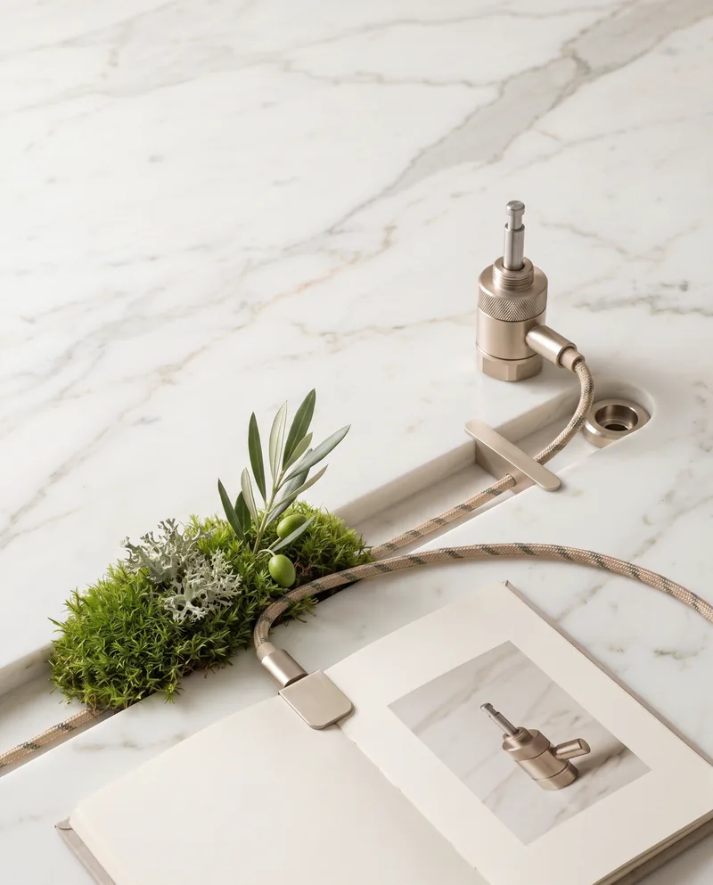 A milled valve of champagne metal stands on white Calacatta marble; a braided cable leads across the stone to an open linen brochure with a photo of the same valve pasted in; moss, lichen and an olive shoot with green olives grow along the cable