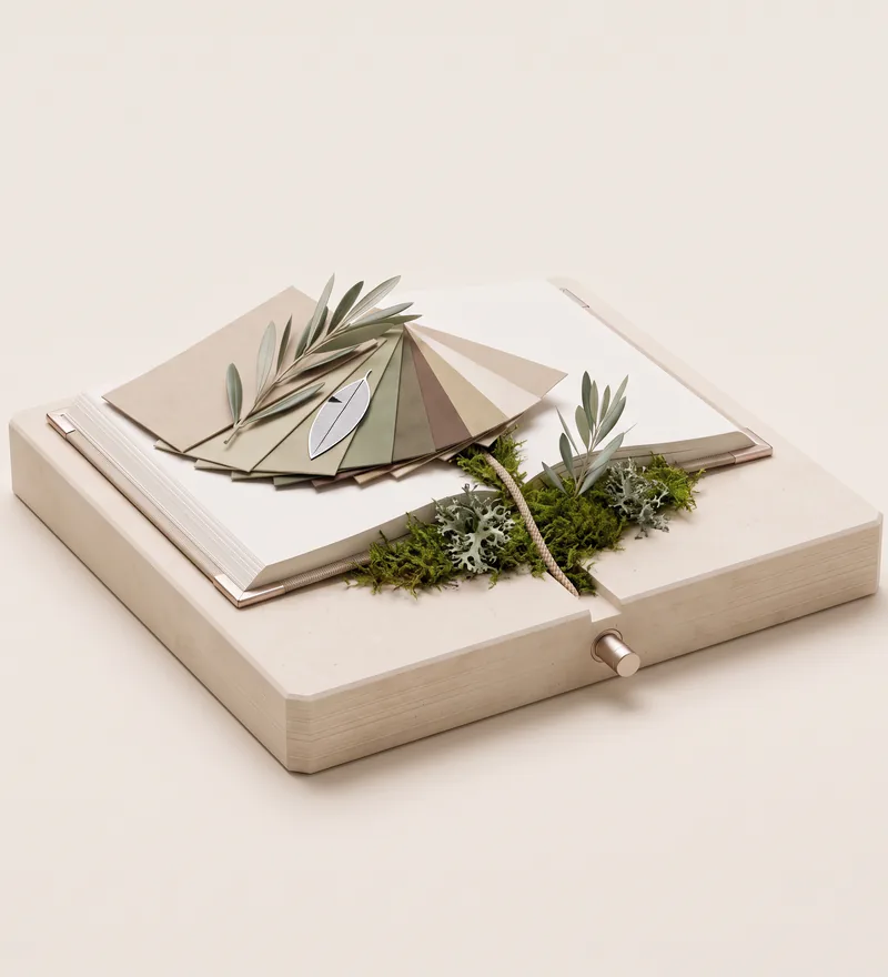 Open linen sample book on a slab of light limestone, with a fan of color swatches and an olive branch with a silicon leaf on top; moss, gray-green lichen and a young olive branch grow from the gutter, and a fabric cable leads to a plug in the stone edge