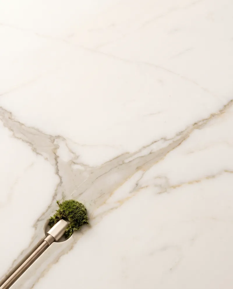 White marble whose gray and honey-colored veins all radiate from a single origin at the bottom left, where a braided cable with a champagne plug sits in a milled socket next to a cushion of moss