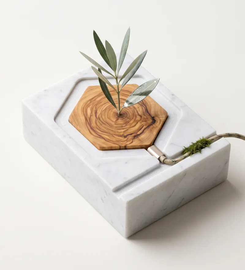 White marble block with a milled hexagonal pocket holding a precisely fitted olive-wood insert, from which an olive branch with a silicon leaf grows; a cable runs through a milled channel with moss to the edge