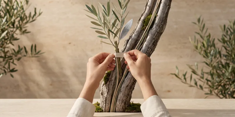 Two hands in linen sleeves fit a white porcelain collar around a young olive branch that grows along the old olive trunk together with a cable bundle; one leaf is a silicon chip, with travertine and olive branches behind