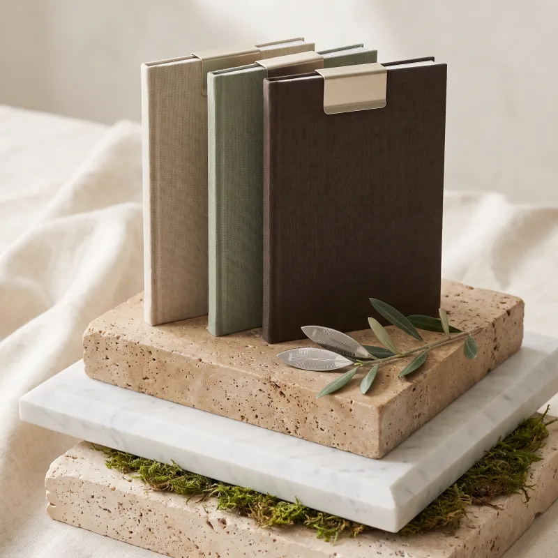 Three linen-covered brochures in sand, sage and umber, held by champagne-metal clips, on stepped slabs of travertine and marble, with moss between them and an olive branch with one silicon leaf