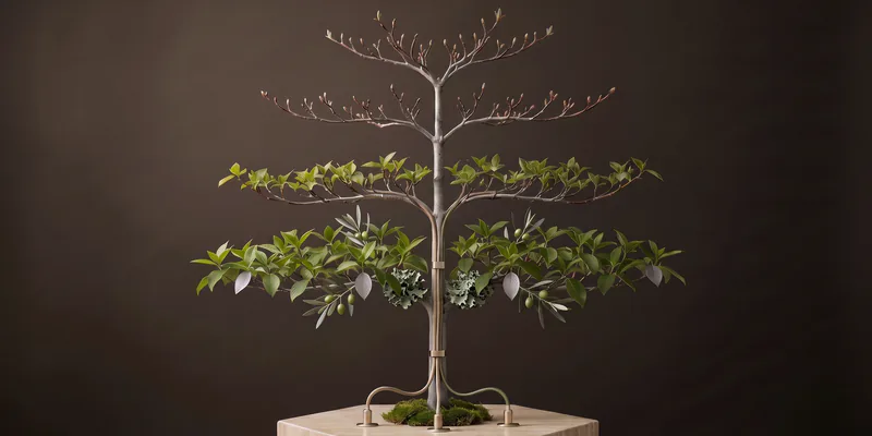 Tiered tree as a sculpture against a dark background on a travertine plinth: the lowest tier carries dense foliage, lichen and small green olives, and each tier above is one stage earlier, up to the bare branches at the top; a few leaves are silicon, and a cable bundle runs down the trunk and plugs into the plinth at its foot