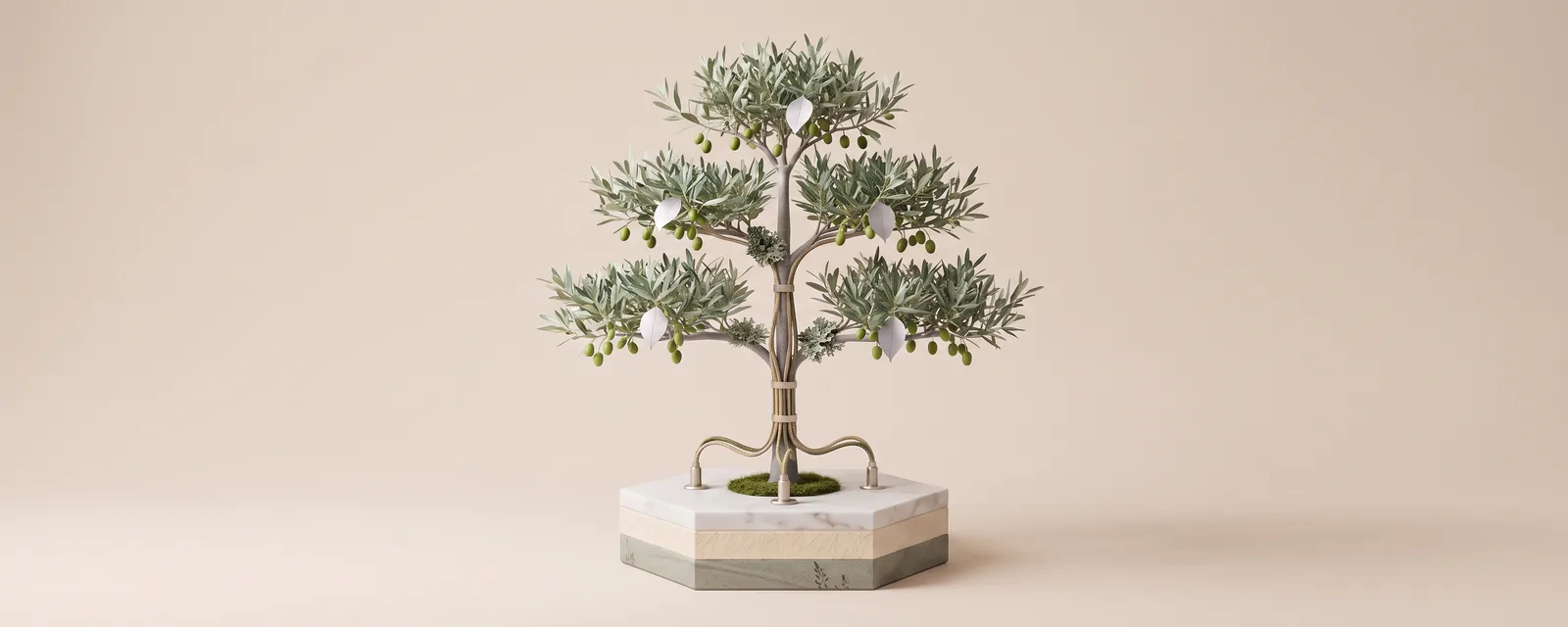 Tiered tree with horizontal tiers of dense, silver-green olive foliage and green olives on a hexagonal plinth of green Schilfsandstein, pale Stubensandstein and white marble; a cable bundle runs down the trunk and plugs into sockets in the marble with champagne-metal plugs, and a few leaves are silicon