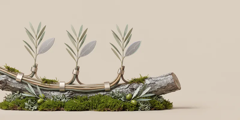 Old olive branch on a cushion of moss with gray-green lichen and green olives; the same young shoot grows in three places, each with one silicon leaf, connected by a cable bundle in champagne-metal clamps