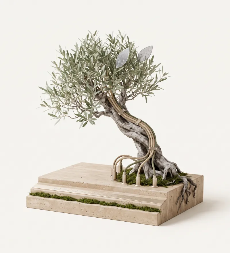 Small, gnarled olive tree on a stepped travertine block; a cable bundle runs down the trunk and the cables plug into sockets in the stone, with moss on the lower step and a silicon leaf in the crown