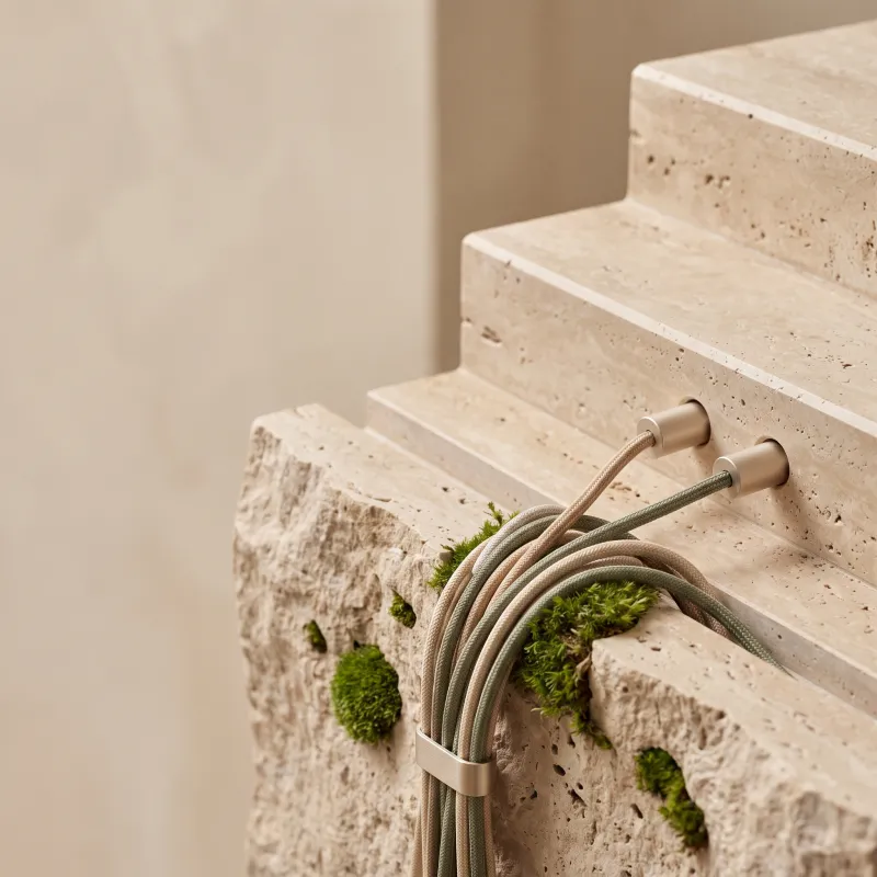 Travertine block, left rough with moss at the front and milled into steps behind; a bundle of cables runs over the edge and plugs into two sockets in the step