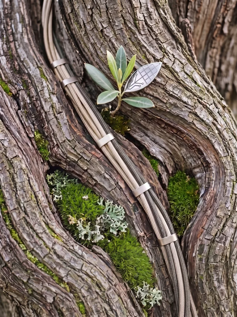 Close-up of a twisted olive trunk: a cable bundle with champagne clamps follows a furrow in the bark, alongside moss, lichen and a young shoot with a silicon leaf