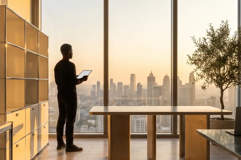 Illustration: Silhouette eines Menschen mit Tablet am Fenster, dahinter eine Stadt im Abendlicht