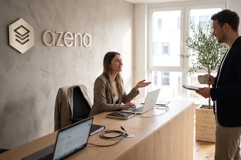 Illustration: Reception with the azena mark on the wall, a woman at the desk talking with a visitor
