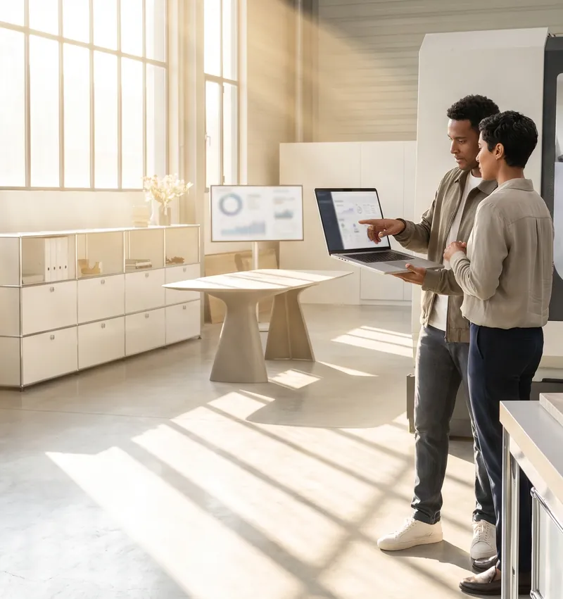 Illustration: Two people review a dashboard on a laptop in a bright production hall