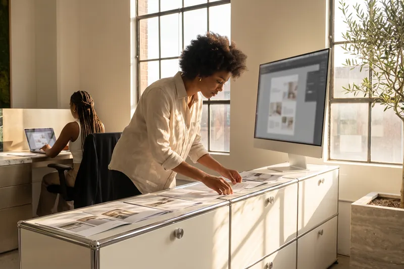 Illustration: A designer lays out printed layouts on a sideboard next to a display