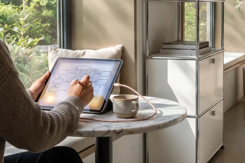 Illustration: Hände skizzieren auf einem Tablet einen Ablauf, daneben eine Tasse auf einem Marmortisch am Fenster