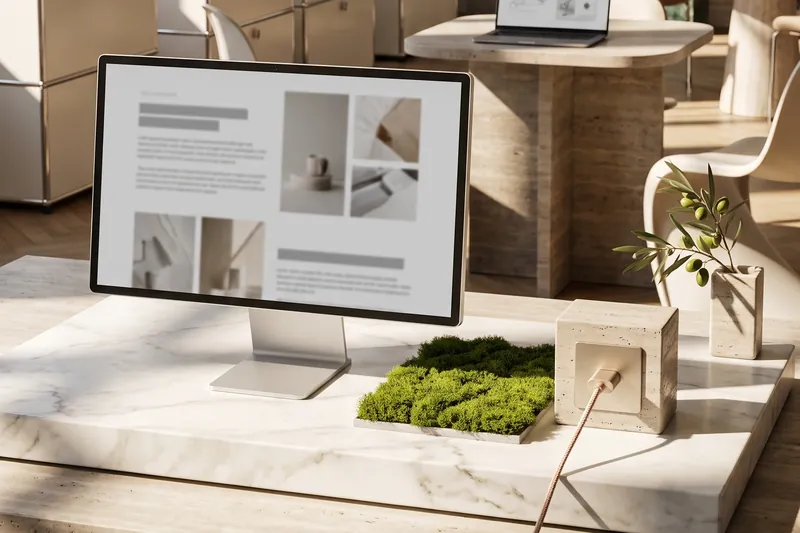 Illustration: A display on a marble slab next to moss and a travertine block with a cable plugged in