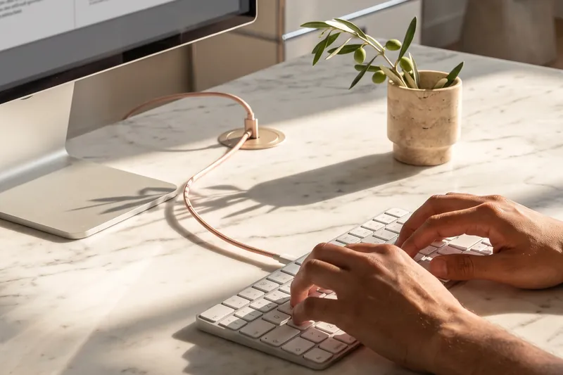 Illustration: Hands type at a marble desk next to an olive sprig and a cable in a desk grommet