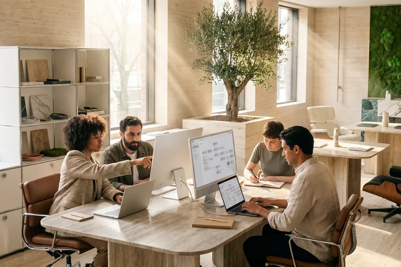 Illustration: Four people work at a travertine table with laptops and displays, an olive tree behind them