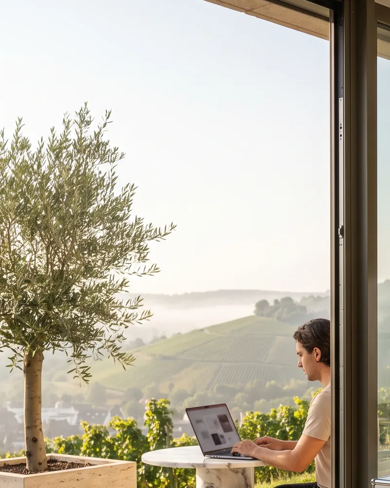 Illustration: A man works on a laptop on a terrace above vineyards, with an olive tree in front
