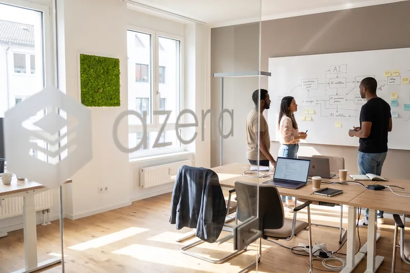 Illustration: View through a glass door with the azena mark onto three people sketching an AI workflow on a whiteboard